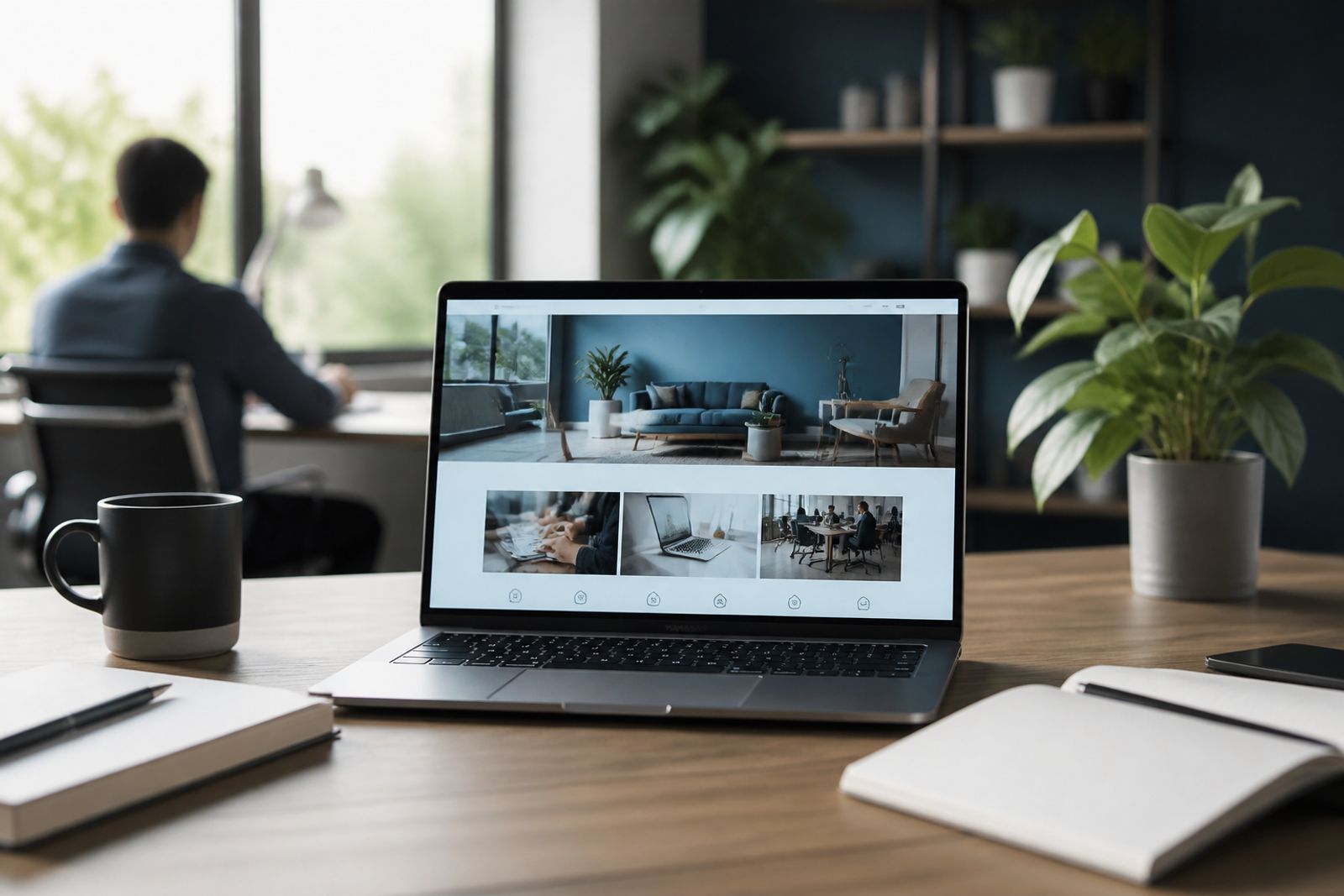 میز کار آرام با لپتاپ باز روی یک وبسایت تمیز کسبوکار